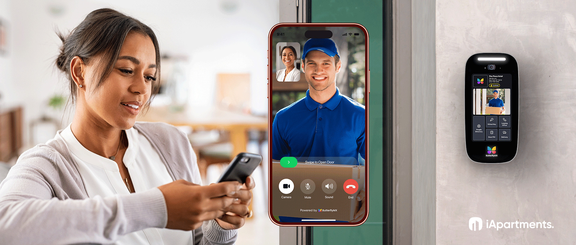Residents uses iApartments app with ButterflyMX video intercom feature to allow delivery person access into apartment building.